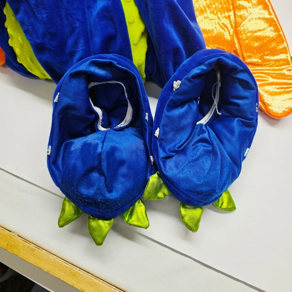 Spooked Dragon Costume Kids 4T Blue Orange Wings Plush Jumpsuit READ FLAW